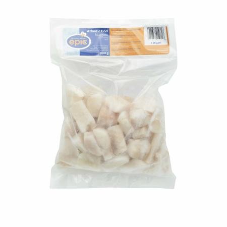 Atlantische Kabeljau Stücke, +/- 25 g/st, 800g Einheit (Karton 12 Einheiten)