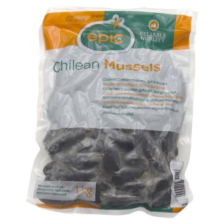 Chilean mussels, cooked, whole shell, 40-60 pc/kg, 1kg unit (carton 5 units)