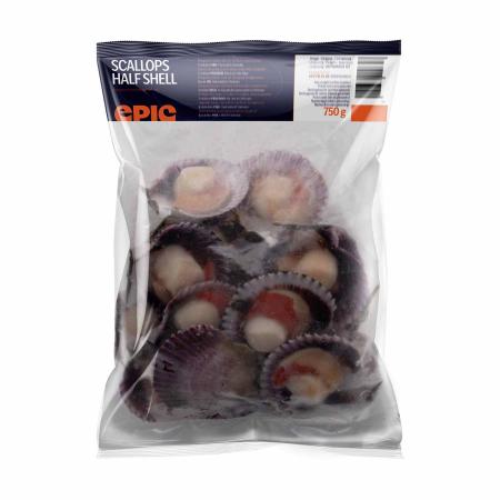 Jakobsmuscheln, mit Rogen, in halber Schale, Peru, 20-30 St/kg, 750g Einheit (Karton 10 Einheiten)