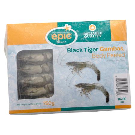 Crevettes black tiger avec tête, Body peeled, 16-20 pc/750g, unité 750g (carton 12 unités)